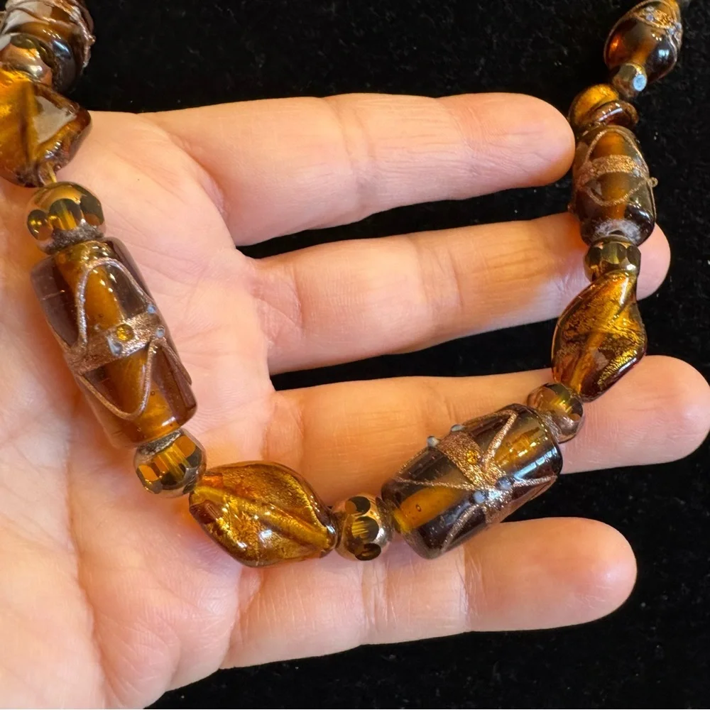 Vintage Brown Amber Color Gold Foil Lampwork Handmade Art Glass Beaded Necklace